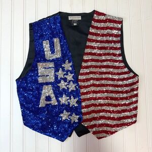 Vintage 90s USA Sequin Patriotic Vest Red White Blue Accessory Lady